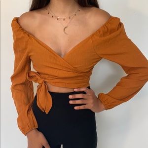 Mustard tie front low cut crop